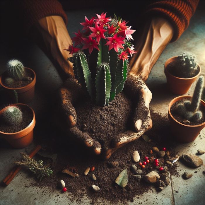 A person holding soil and cactus in his hands