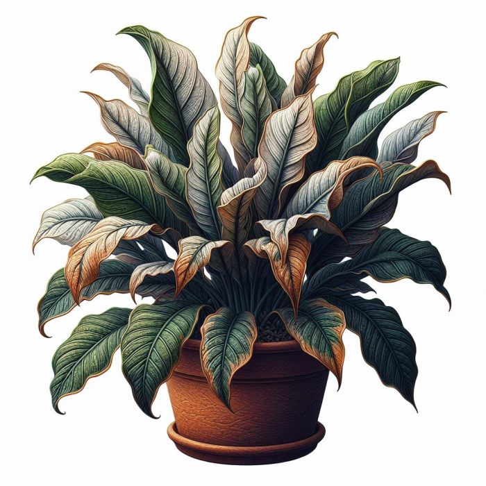 Discolored plant leaves in a pot