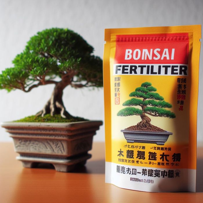 Bonsai fertilizer is near the bonsai plant on a table