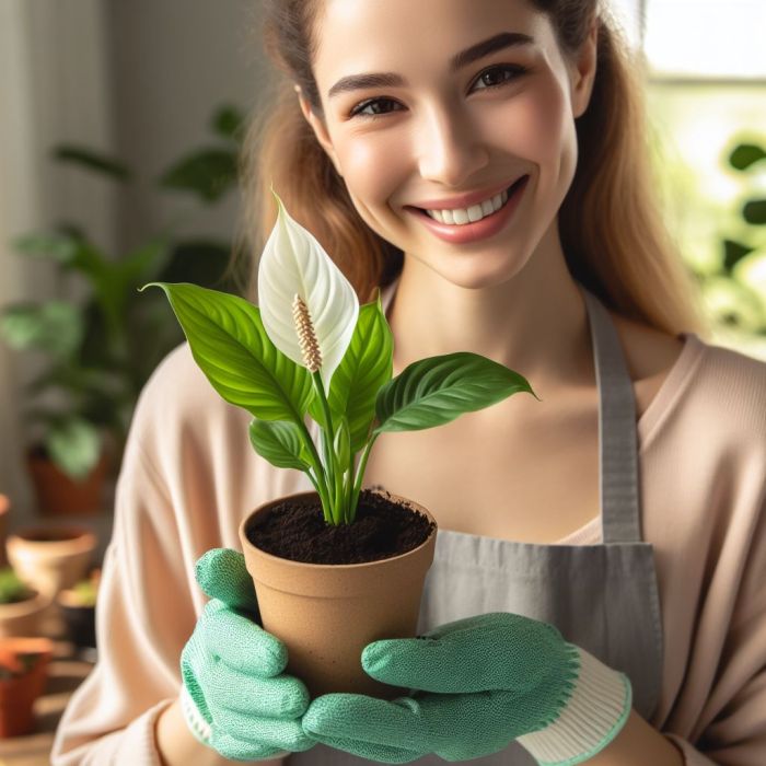 A girl is holding peace lily in her hands