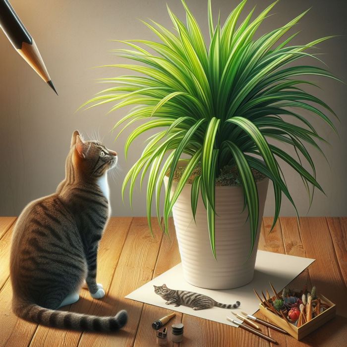 A cat is sitting near a spider plant