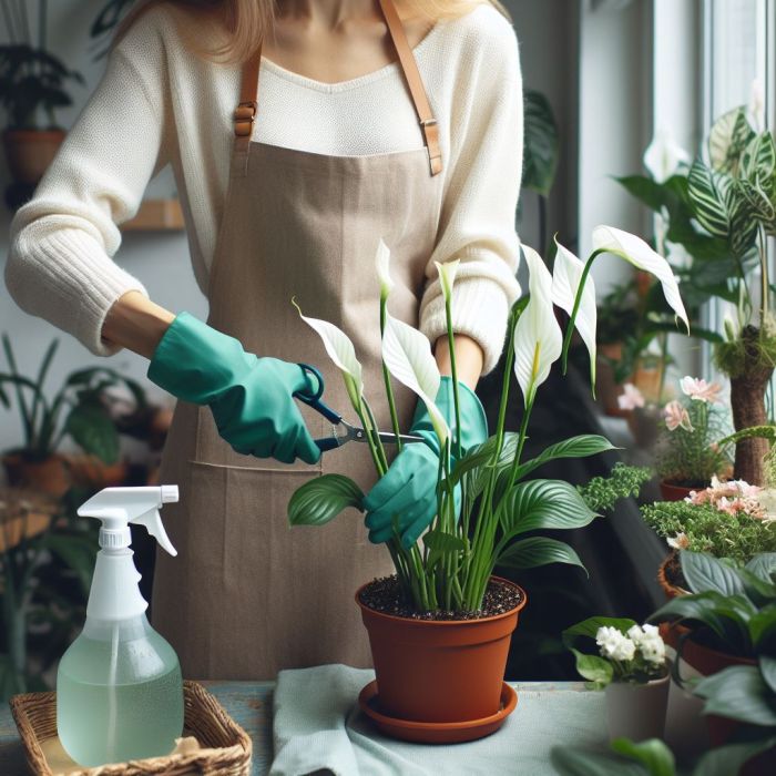 A person is pruning peace lily plant