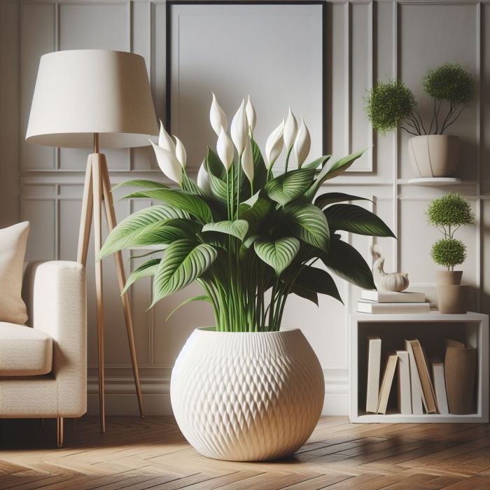 Peace lily in a white pot on  floor near a sofa