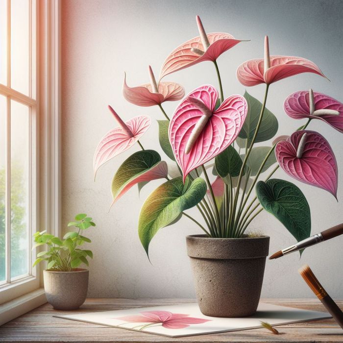 Anthurium (Flamingo Flower) is in a clay pot