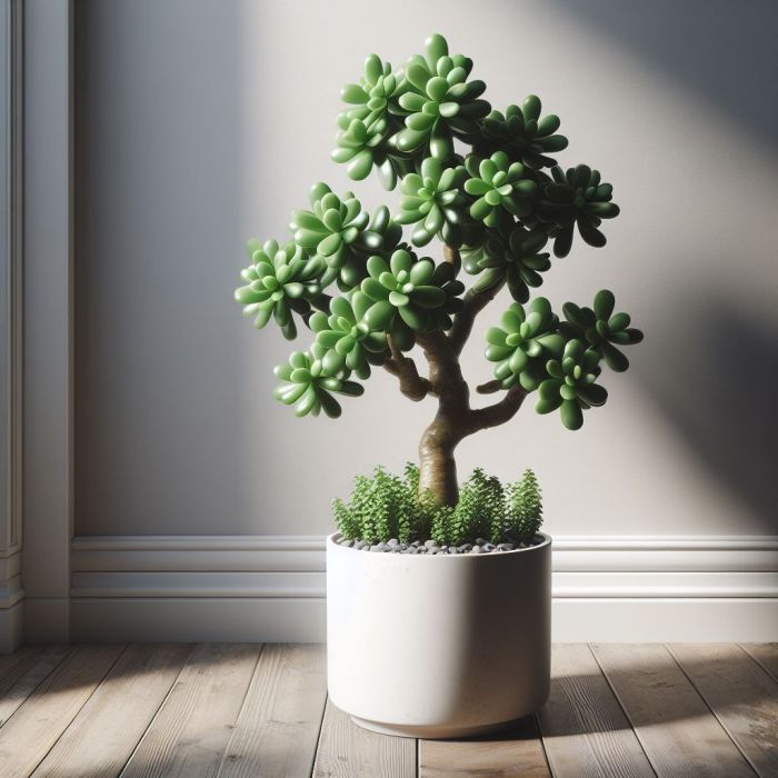Jade plant in front of a wall