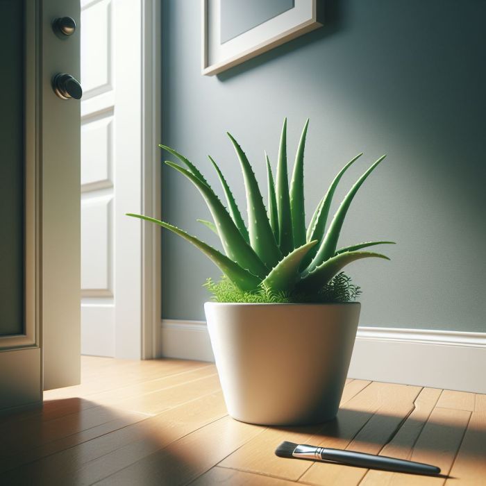 Aloe vera is in white pot near a wall