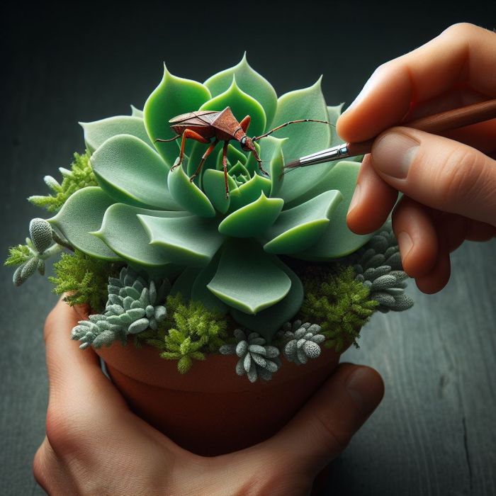 A person is pointing pest on succulent