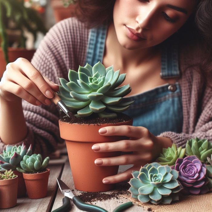 A girl is planting succulent