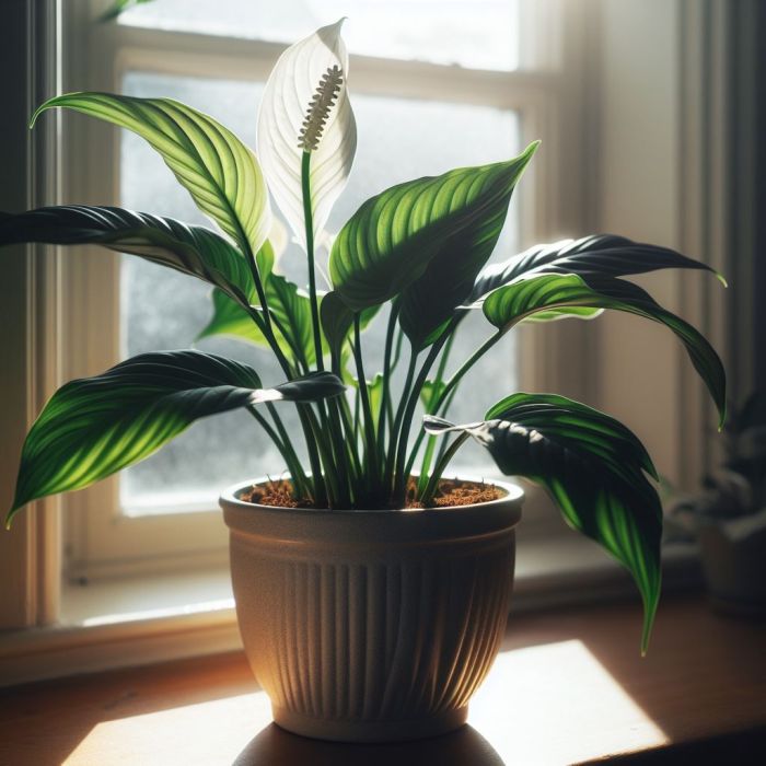 Peace lily is in a pot in front of a glass window