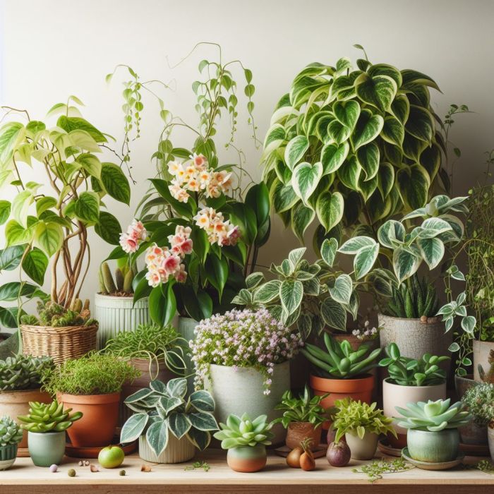 Different indoor plants near a wall
