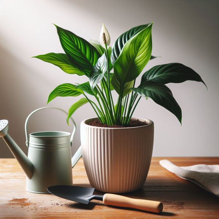 Peace lily  and watering cane on a wooden surface