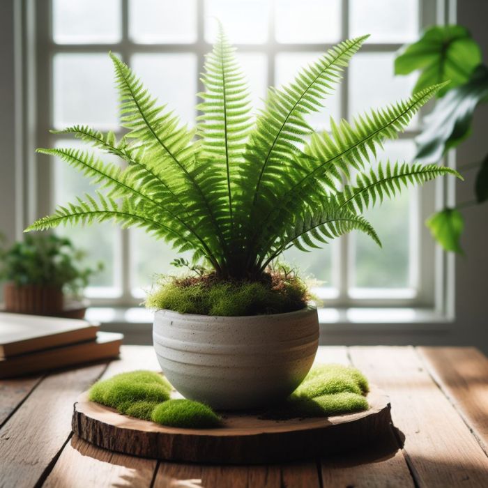 Boston fern is on a wooden surface in a white pot