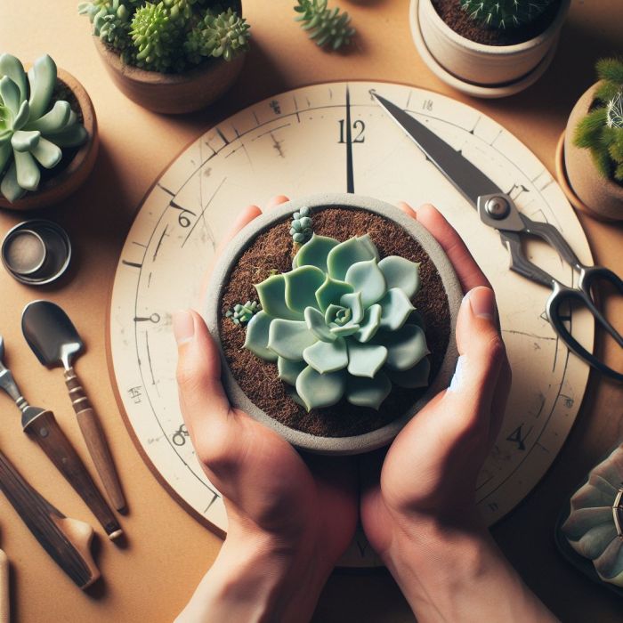 A person is holding succulent in a pot