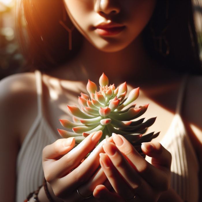 A girl is holding succulent stem