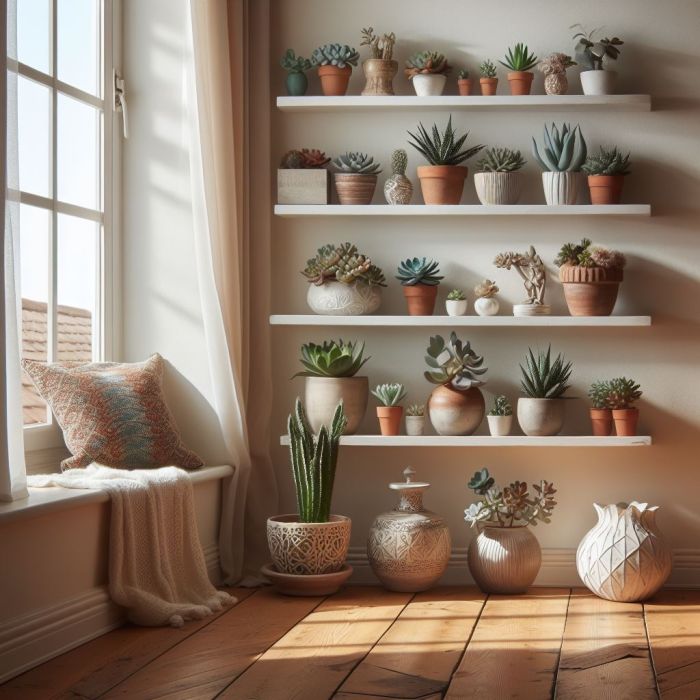 Succulent plants are in a room near a glass window