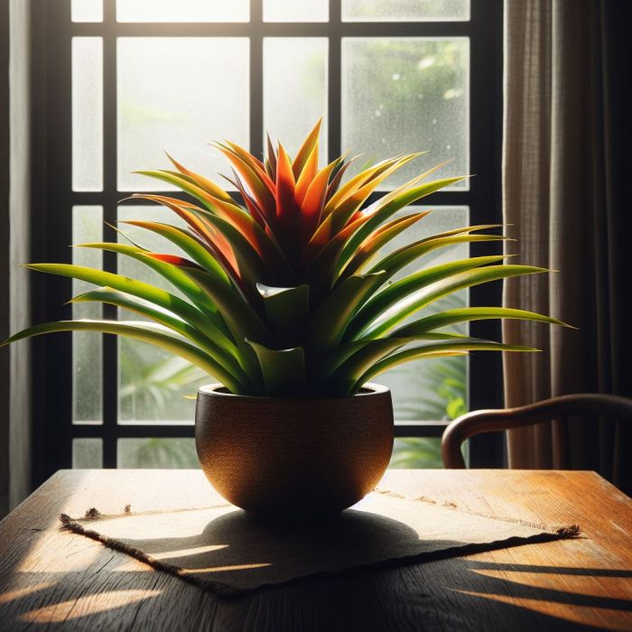 Bromeliads is on a wooden table  near a window