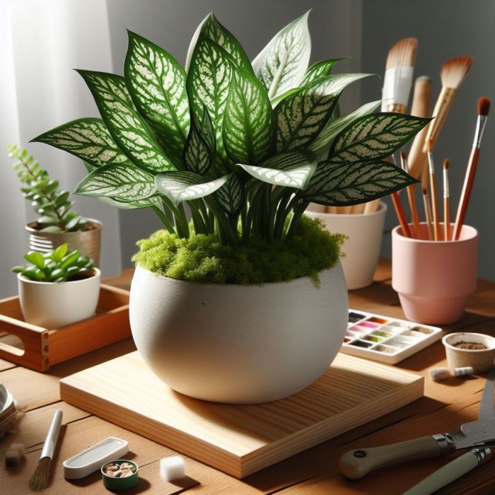 Chinese evergreen is in white pot