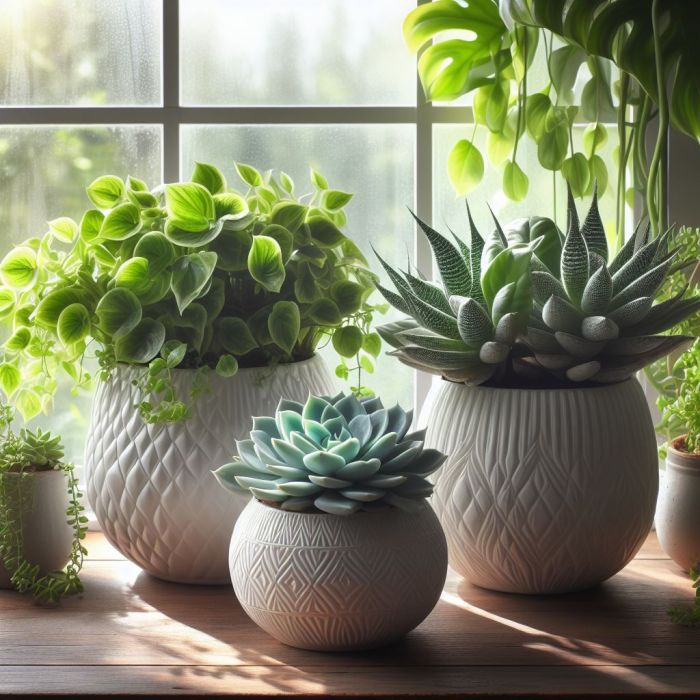 Pothos and succulents are in white pots near a glass window