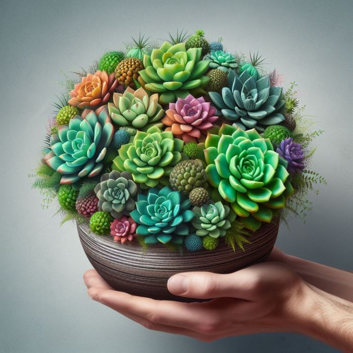 Different color of succulents in a pot