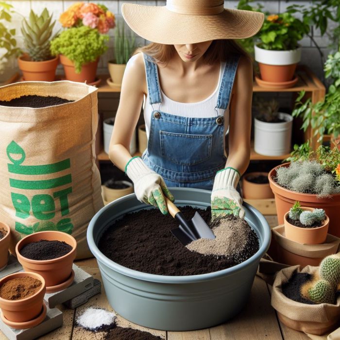 A gardener is mixing the soil 