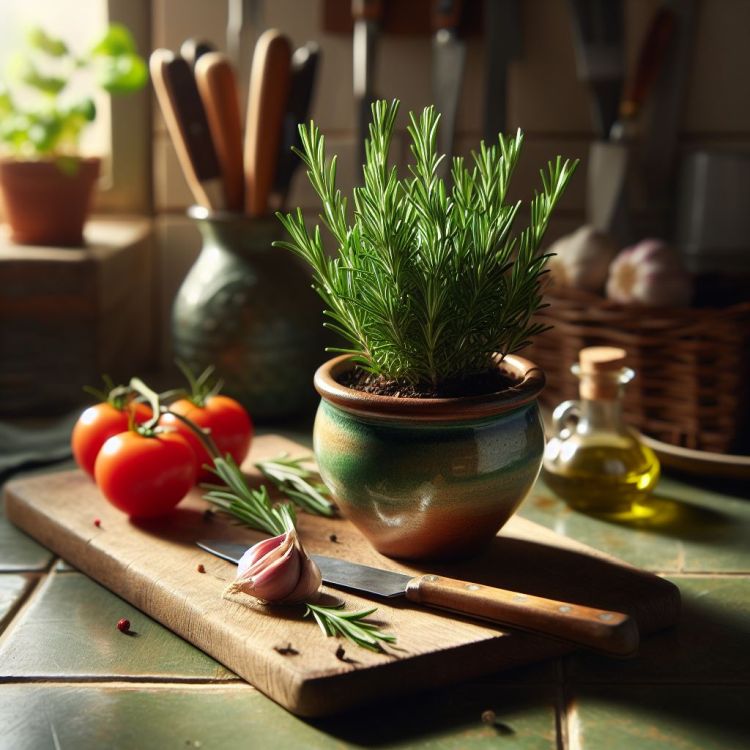 Rosemary plant on a cutting board