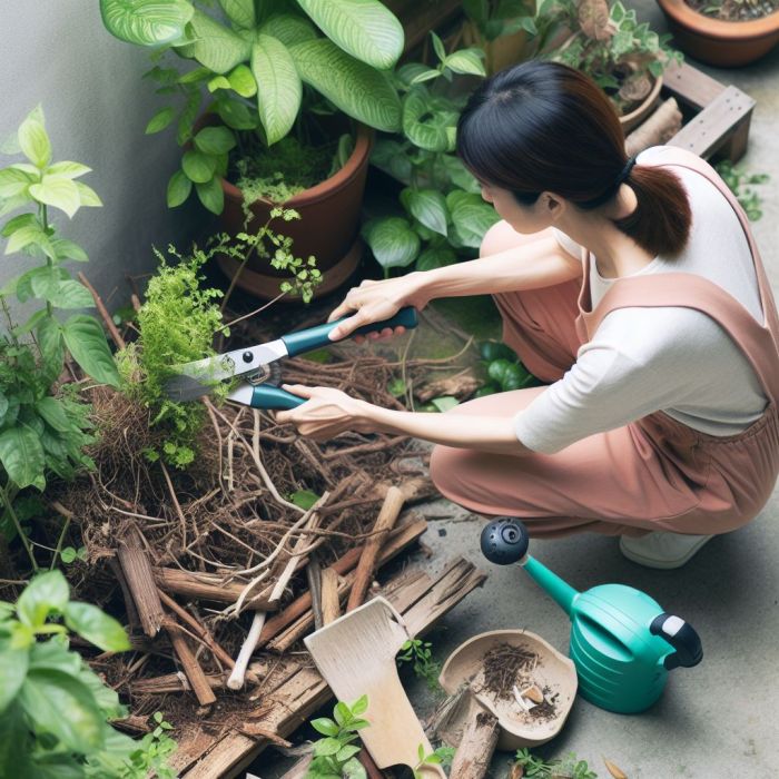 A gardener is trimming the plant stems