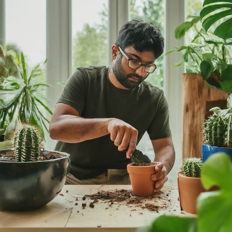 A person is adding soil in the pot