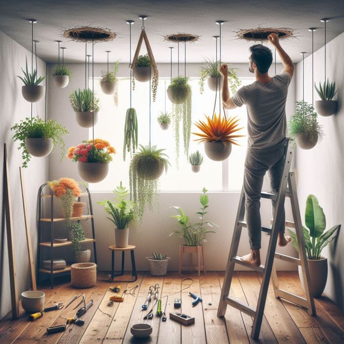 A person is fixing plants with ceiling