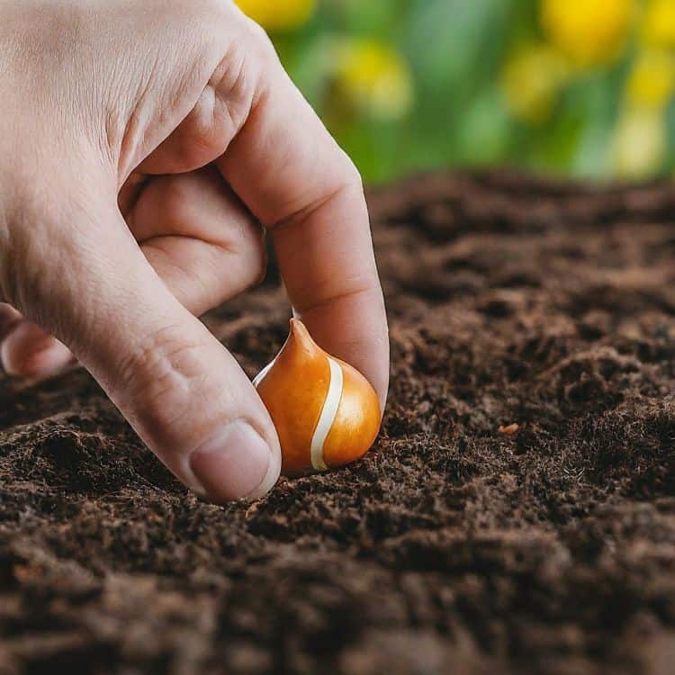 A person planting bulb in soil