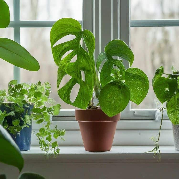 Monstera plant in front of a glass window